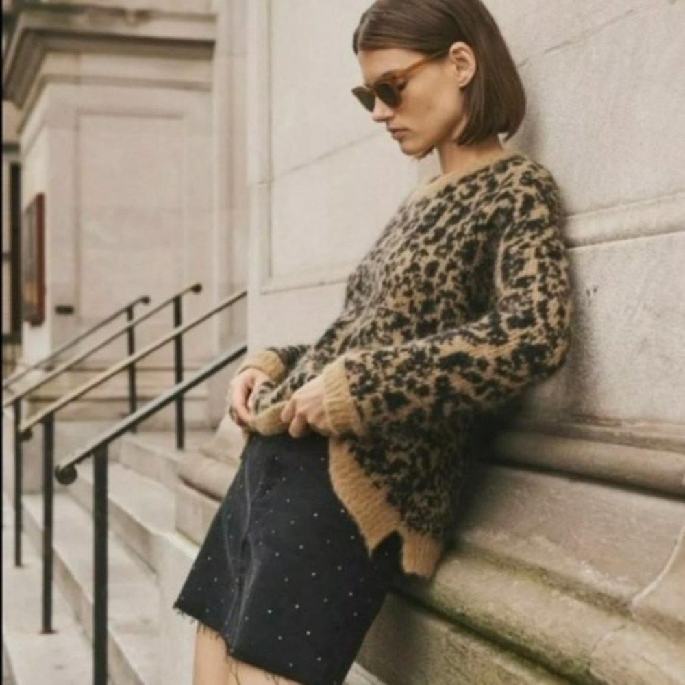 Madewell Crewneck Pullover Boxy Leopard Print Alpaca and Wool Sweater Size XS